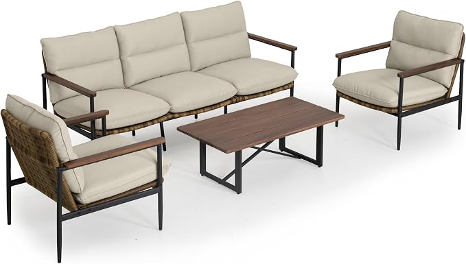 HAPPATIO 4-Piece Outdoor Furniture Set, Aluminum Patio Converation Set with Wicker Seat and Acacia Wood Armrest, 3-Seat Sofa Set with Olefin Cushion and Wood Table for Garden Lawn Backyard