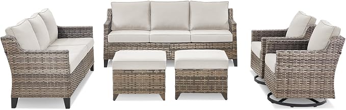 Wicker Patio Furniture Set-6 Piece High Back Outdoor Furniture Set Sectional Sofa with Wicker Swivel Rocker Patio Chairs,Thick Cushions Ottomans for Porch Balcony Patio Deck Grey/Beige