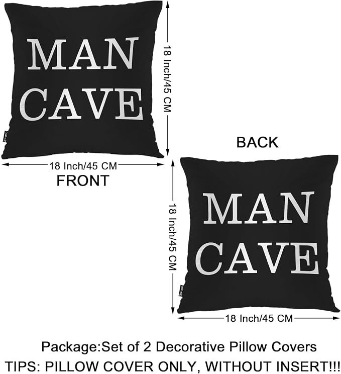 Swono Man Cave Home Decorative Throw Pillows Covers, Funny Quote Set of 2 Outdoor Pillow Case for Livingroom Bedroom, Boho Pillow Cushion Covers for Man Woman 18"X18", White Black
