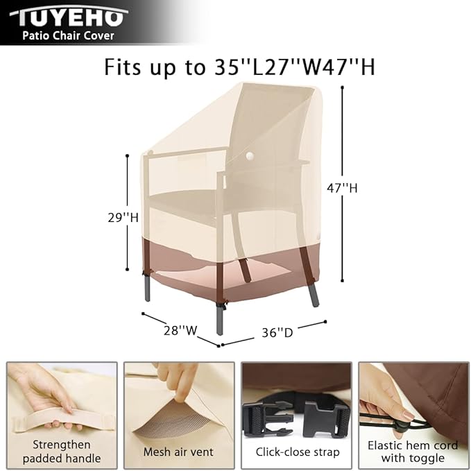 Tuyeho Patio Stackable Chair Cover 2 Pack, 36 x 28 x 47 inch, 900D Heavy Duty Outdoor High Back Cover, Waterproof & Weather Resistant for Your Stackable Dining Chair (Beige & Brown)