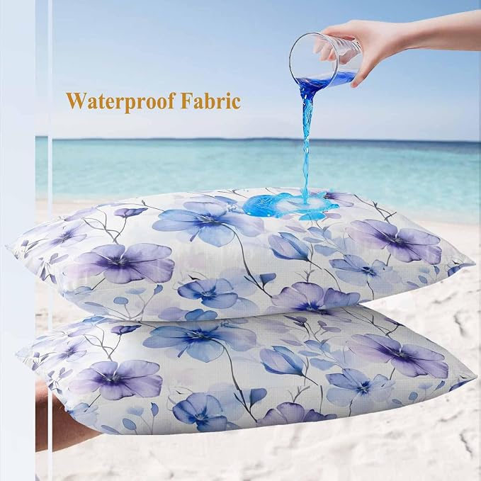 Purple Blue Outdoor Waterproof Throw Pillow Covers Set of 2, 20"x12", Gradient Flowers Pansy Watercolor Botanical Decorative Pillow Covers Outside Cushion Case for Patio Porch Garden