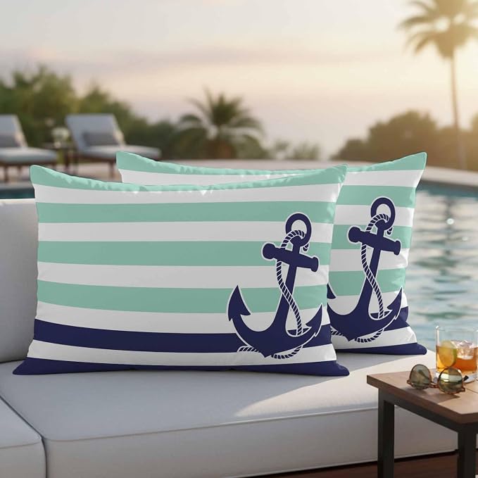 Lumbar Pillow Covers 20x12 Inch Set of 2, Anchor Aqua Waterproof Outdoor Cushion Covers, Modern Navy Blue White Striped Nautical Decorative Pillowcases for Couch, Sofa, Bed, Garden, Patio