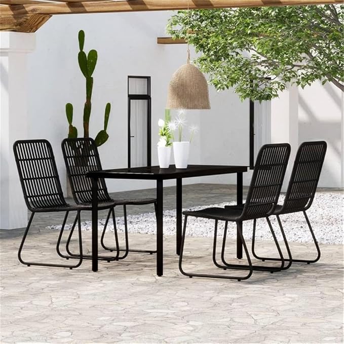 BOWERY HILL Contemporary 5 Piece Dining Set, Powder-Coated Steel Frame, Black Finish, Poly Rattan Accents, 55.1 in Table, UV-Resistant Materials, Lightweight Design, Outdoor Patio Garden Furniture