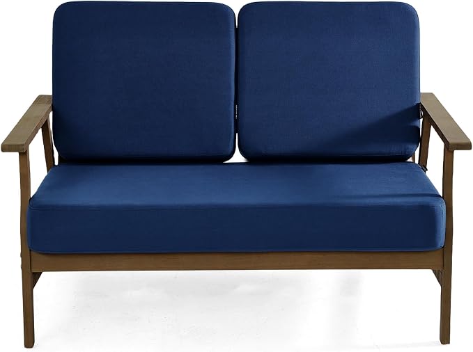 3 Pieces Patio Furniture Sets, Teak Wood Outdoor Sectional Furniture with Coffee Table, 5 Seats Patio Sofa Couch Conversation Set for Backyard Deck - Navy