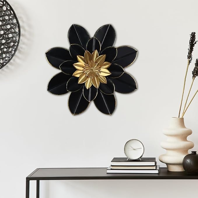 hogardeck Metal Flower Wall Decor, 16" Black & Gold Floral Metal Wall Art for Indoor Outdoor, Boho Modern Wall Decor for Bathroom, Living Room, Kitchen, Bedroom, Porch, Garden, Yard