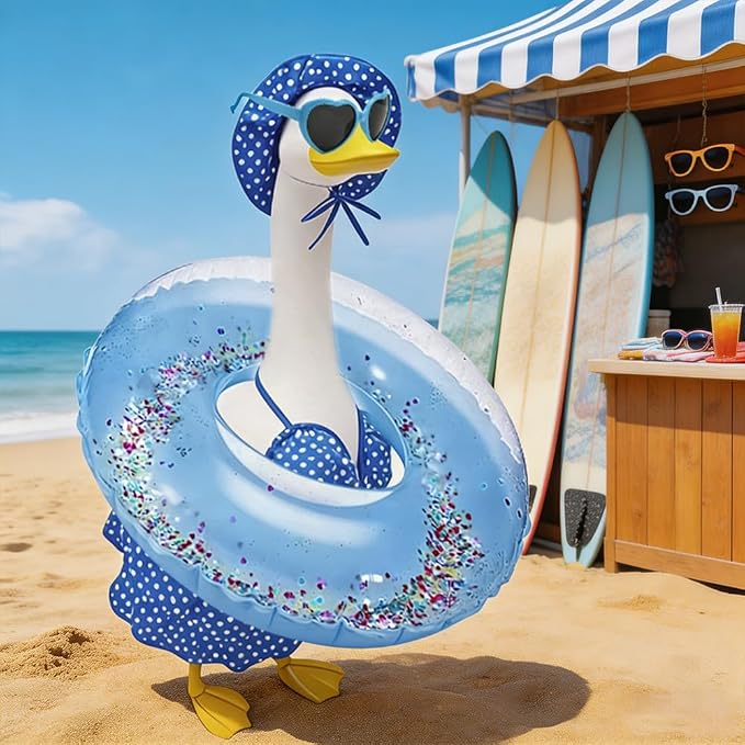 Hawaiian Porch Goose Outfits with Hat Sunglasses & Swim Ring, Summer Bikini Goose Swimsuit Clothes Costume Fits 23" Cement Geese Statue, Summer Garden Lawn Patio Yard Outdoor Decor (Summer style-Blue)