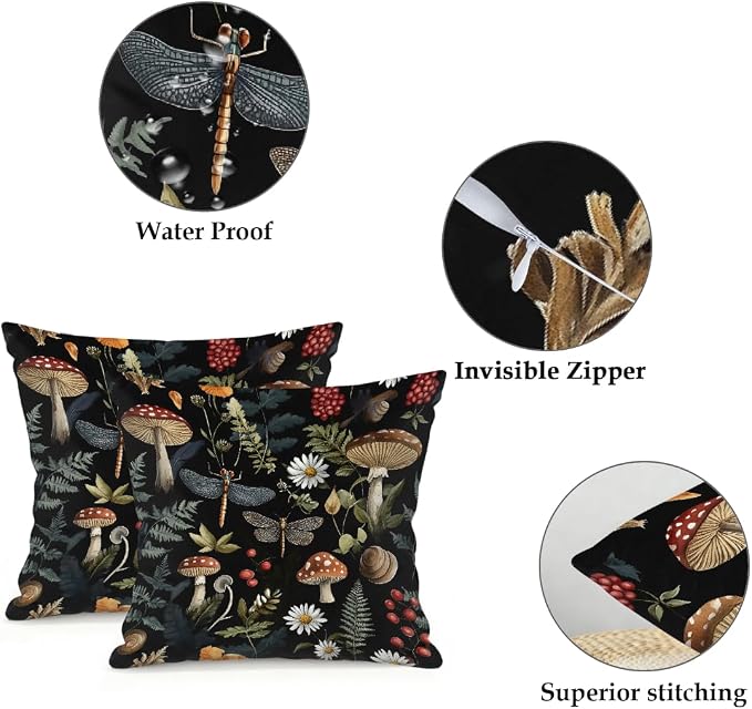 22x22 Inch Outdoor Pillow Covers Set of 2 Waterproof Throw Pillow Covers Decorative Couch Cushion Covers Mushrooms Dragonflies Leaf Square Pillowcases Protectors for Patio Garden Sofa