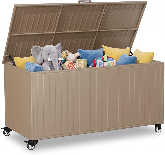Outdoor Storage Box with Wheels 250 Gallon, Metal Deck Boxes Waterproof, UV Resistant Patio Storage Box with Lid for Patio Furniture, Garden Tools,Outdoor Cushion (Brown)