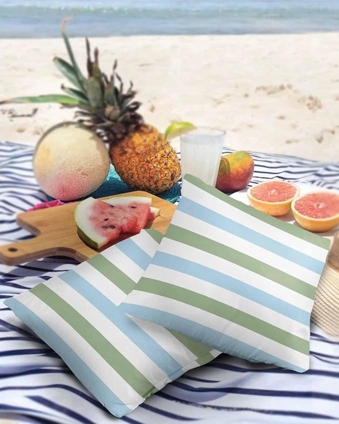 Outdoor Waterproof Throw Pillow Covers 18x18Inch, Spring Stripes Pattern Cushions for Garden Patio Furniture Chairs Set of 2, Blue and Sage Green Home Decor Couch Sofa Polyester Pillow Cases