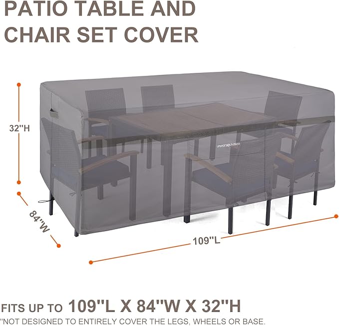Patio Table Covers Waterproof Rectangular, Hickory Patio Furniture Cover Gray 109''L x 84''W x 32''H Rectangle Outdoor Lawn Table and 7-9 Chairs Covers All Weather Proof