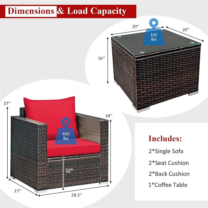 3PCS Patio Rattan Furniture Set Conversation Sofa Cushioned Garden Red
