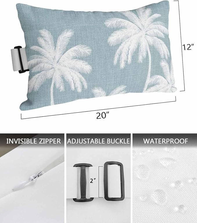 Pack of 2 Outdoor Lumbar Pillow Covers 12x20 Inch, Grey Blue Palm Trees Waterproof Throw Pillow Covers Set, Farmhouse Tropical Summer Beach Indoor&Outdoor Decorative Cushion Cases for Patio Porch Car