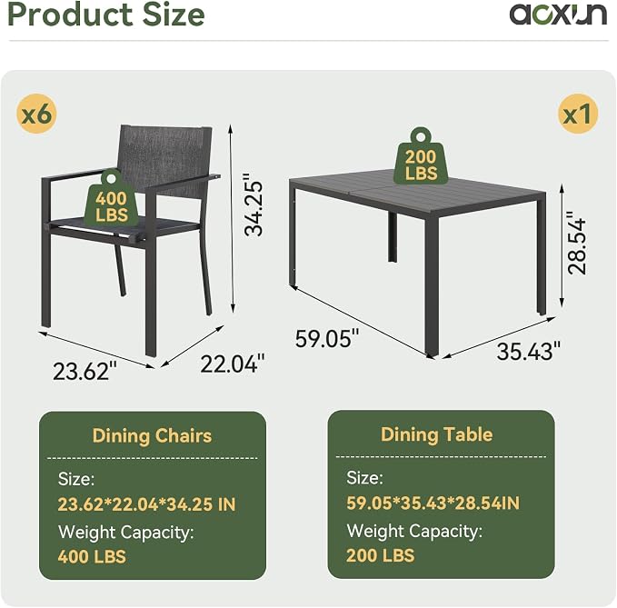 Aoxun 7-Piece Patio Table and Chairs Set for 6, All Weather Outdoor Dining Set with 6 Textilene Chairs and 1 Rectangular Metal Table, Patio Dining Sets for Backyard, Garden and Poolside, Grey