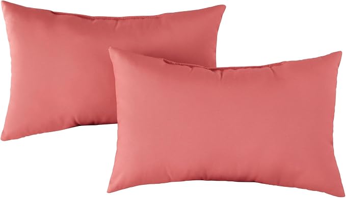 Set of 2 Outdoor Throw Pillows 19 x 12 Inch – Reversible Rectangle Patio Accent Pillows – Weather-Resistant Polyester Fabric – Eco-Friendly Recycled Polyfiber Fill – Coral