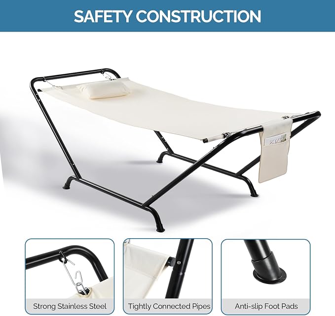 Freestanding Double Hammock with Stand, 550lbs Capacity, Outdoor Portable Hammock with Soft Pillow & Storage Bag (Beige)
