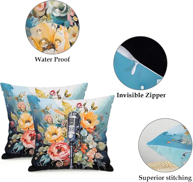 18x18 Inch Outdoor Pillow Covers Set of 2 Waterproof Throw Pillow Covers Decorative Couch Cushion Covers Microphone Floral Square Pillowcases Protectors for Patio Garden Sofa