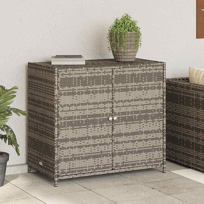 Outdoor Garden Storage Cabinet, Weather-Resistant PE Rattan Deck Box with 2 Doors and Magnetic Closure, Rectangular Patio Furniture for Backyard, Poolside, and Garage, Gray
