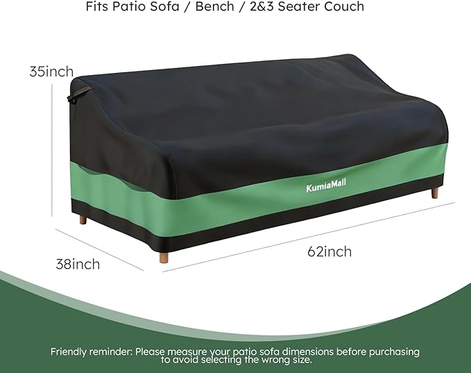 Waterproof Outdoor Sofa Cover, 2-Seater Heavy Duty Patio Loveseat Covers, 62" W x 38" D x 35" H, All-Weather Protective Furniture Cover Black & Green