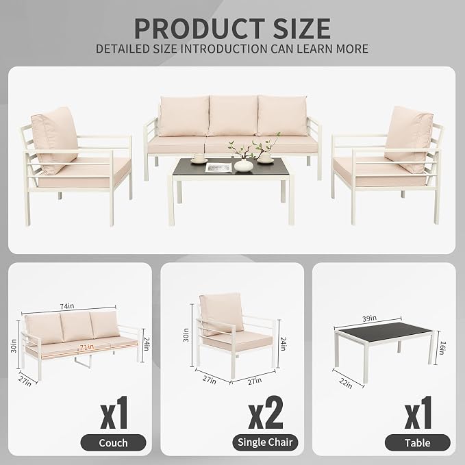 WAROOM Patio Furniture Set 4 Pieces Metal Outdoor Conversation Sets Backyard Chair Outside Couch with Coffee Table, Khaki Cushion