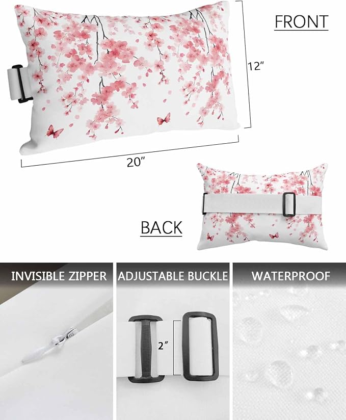 Pack of 2 Outdoor Lumbar Cushions with Inserts, Pink Peach Blossoms Flowers Branches Butterflies Waterproof Fluffy Fade Body Pillows, Patio Furniture Pillow for Home Balcony Garden Decor 12x20IN