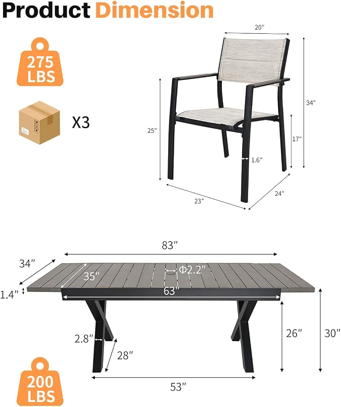 9 Pieces Expandable Outdoor Dining Set, 8 Stackable Double-Layer Textilene Chairs and 63''-83'' Expandable Patio Dining Table, Never-Rust Aluminum Patio Dining Set for Garden, Deck, Limed Oak