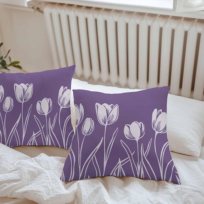 Purple Flower Waterproof Outdoor Pillow Covers Set of 2 Home Decor, Country Garden Floral Aesthetics Plant Pillowcase Patio Pillow Covers for Couch Bench Furniture Garden 24x24in