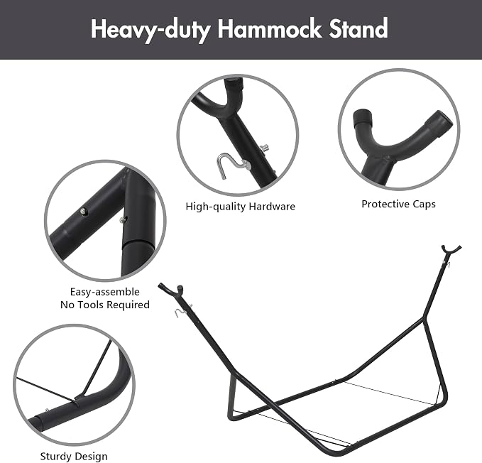ANOW Heavy-Duty Hammock with Stand for Outside, Space Saving Steel Stand with Adjustable Height, 475 Lbs Capacity, Dark Gray