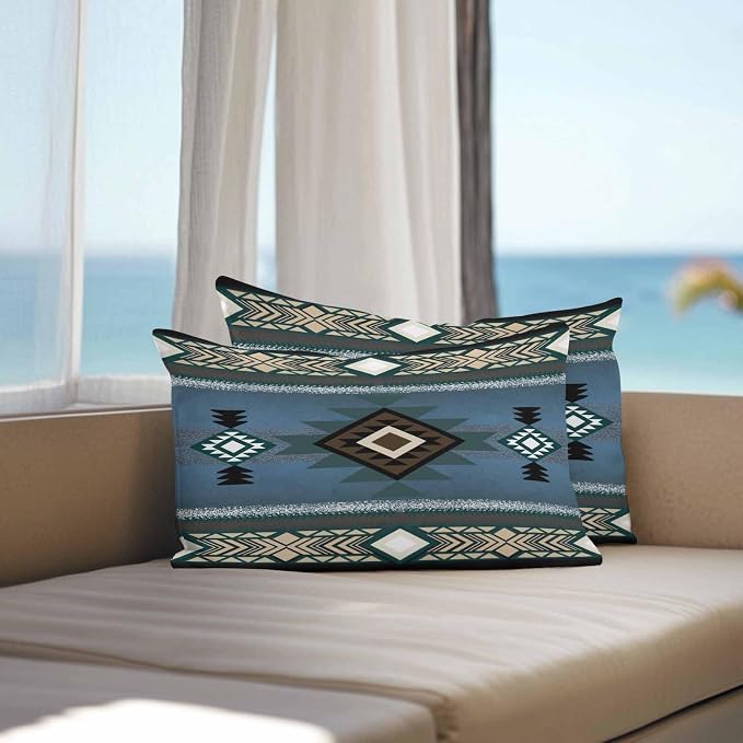 Vandarllin Outdoor Throw Pillows Covers 20x12 inch Set of 2 Waterproof Blue Tribal Style Decorative Zippered Cushion Covers for Patio Furniture, Southwest Native American Lumbar Pillowcases