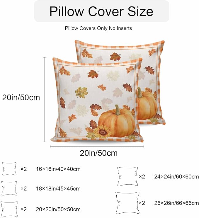Thanksgiving Day Outdoor Pillow Covers Set of 2, Autumn Pumpkins Sunflowers Decorative Waterproof Throw Pillowcase Fall Leaves Plaid Cotton Linen Soft Cozy Cushion Cover Pillowsham 20x20In