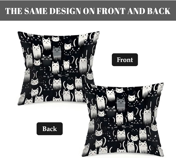22x22 Inch Outdoor Pillow Covers Set of 2 Waterproof Throw Pillow Covers Decorative Couch Cushion Covers Cats Black White Square Pillowcases Protectors for Patio Garden Sofa