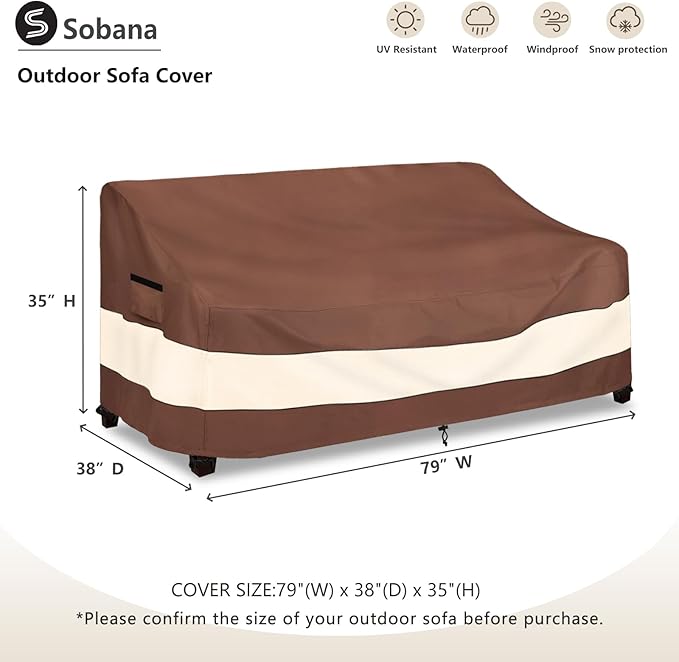 3-Seater Patio Sofa Covers, Outdoor Couch Cover Fits up to 79" W x 38" D x 35" H, Heavy Duty Waterproof Patio Furniture Covers,Brown