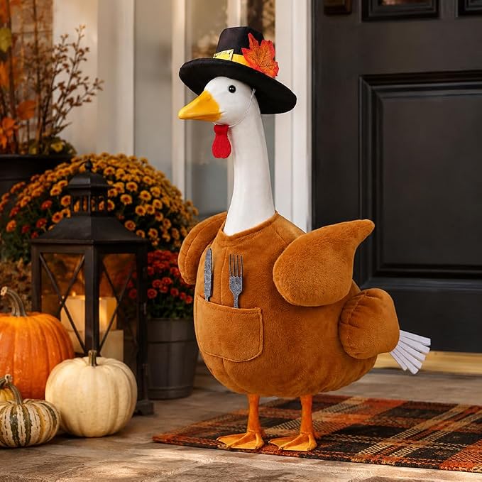 Thanksgiving Turkey Porch Goose Outfit for 23" Lawn Statue Fall Autumn Sculpture Clothes for Plastic/Cement Statue Duck Costume for Garden Patio Yard Lawn Art Decoration