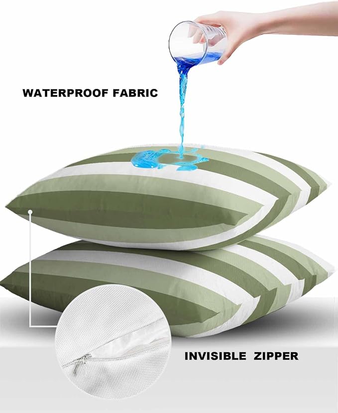 Pack of 2 Ombre Green Stripe Outdoor Pillow Waterproof Covers 20x20 inch, Geometric Art Polyester Throw Pillow Covers Garden Cushion Decorative Case for Patio Couch Decoration