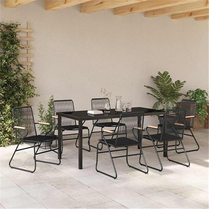 Afuera Living 7-Piece Powder-Coated Steel Patio Dining Set, Black Finish, Rectangular Table, UV-Resistant Materials, Durable Outdoor Furniture for Garden or Patio, Seating Capacity 6