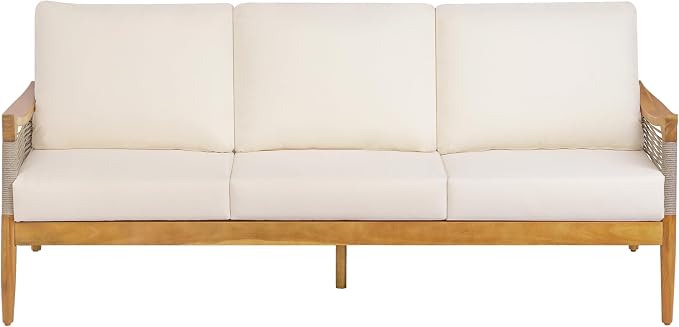 Christopher Knight Home Heidi Acacia Wood 5 Piece Patio Furniture Set 7-Seater Outdoor Loveseat, 3-Seater Sofa, Club Chairs and Coffee Table, Patio Conversation Set With Woven Rope Accents, Teak+Beige
