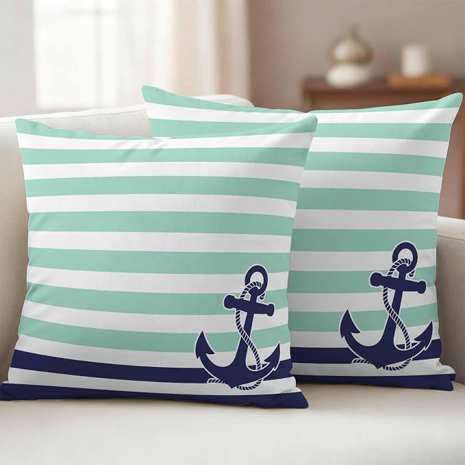 Blue Anchor Outdoor Waterproof Throw Pillow Covers Set of 2, 18"x18", Costal Mint Green White Stripes Background Decorative Pillow Covers Outside Cushion Case for Patio Porch Garden