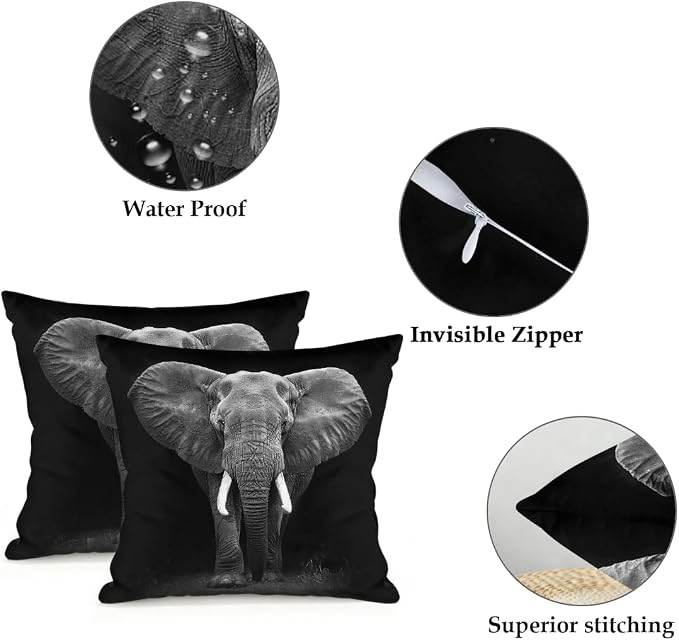 20x20 Inch Outdoor Pillow Covers Set of 2 Waterproof Throw Pillow Covers Decorative Couch Cushion Covers Black Elephant Square Pillowcases Protectors for Patio Garden Sofa