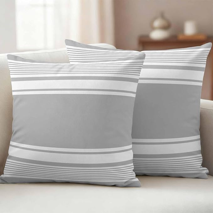 Outdoor Waterproof Throw Pillow Covers, Grey Striped Decorative Pillow Cases, Modern Color Block Farmhouse Stripes Couch Pillow Protector Patio Sofa Cushion Covers Replacement 18"x18" 2 Pack