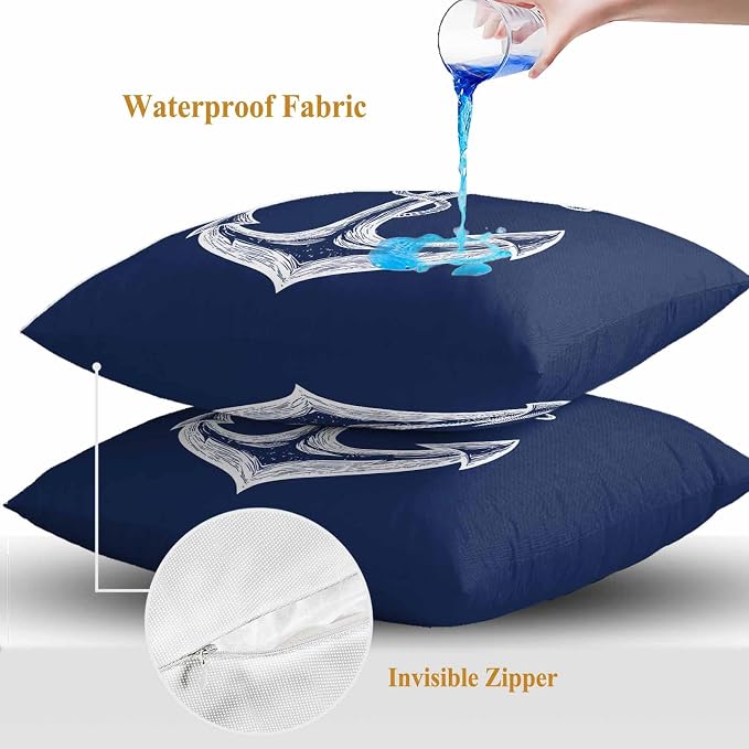Nautical Outdoor Waterproof Throw Pillow Covers Set of 2, 20"x20", Anchor Rope Coastal Navy Blue Minimalist Decorative Pillow Covers Outside Cushion Case for Patio Porch Garden