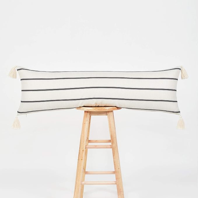 Hofdeco Premium Modern Boho Moroccan Indoor Outdoor Body Lumbar Pillow Cover ONLY for Bed, Backyard, Couch, Sofa, Black White Stripe Tassels, 12"x40"