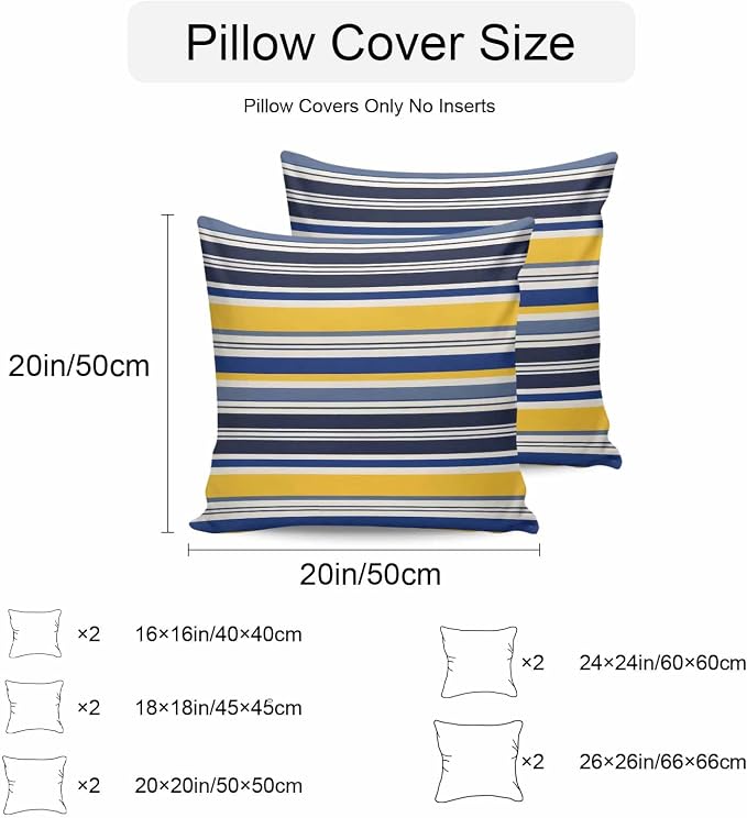 Outdoor Waterproof Throw Pillow Covers Set of 2 Yellow Stripes Lines Pillowcases 20x20 Inches Navy Blue Classic Striped Decorative Pillows Cushion Case Patio Pillows for Couch Bed Chair Garden