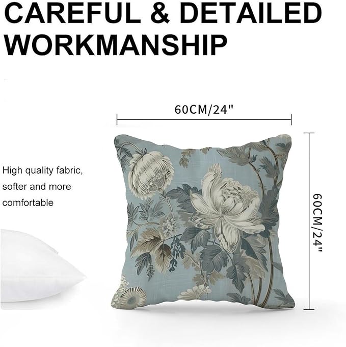 Spa On Flax Blue Chinoiserie Throw Pillow Covers Grey Peony Asian Cushion Cases 24x24 INRetro Accent Farmhouse Decor Pillow for Couch Sofa Patio