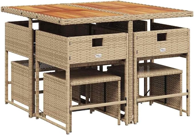 8-Seater Garden Dining Set, Foldable Cube Patio Furniture, Beige PE Rattan and Wood Outdoor Table and Chair Collection for Backyard