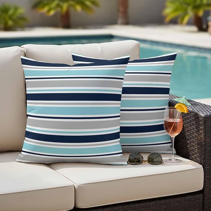 Grey Blue Striped Outdoor Pillow Cover 16x16 Inch Cushion Sham Case, Farmhouse Stripes Abstract Art Navy Blue Waterproof Decorative Square Throw Pillowcase for Outside Garden Patio Porch Couch Chair