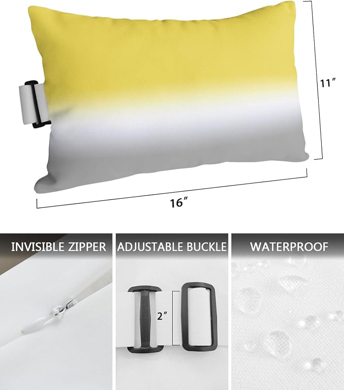 Outdoor Chaise Lounge Head Pillow, Yellow and Gray Throw Pillow Soft Lumbar Pillows with Elastic Straps and Insert, 2 Pack Headrest Cushion for Patio Pool Beach Modern Ombre Art 11"x16"