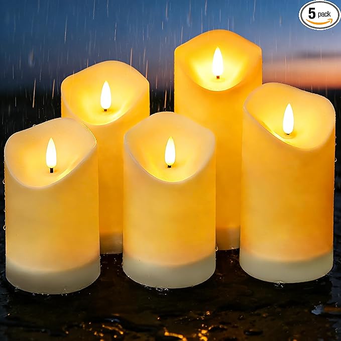 Nimiko Solar Outdoor Waterproof Flameless Candles - 5 Pack Solar & Battery Operated LED Candles, White (D3.25" x 4"/5"/6" Assorted Heights) for Garden, Patio, Outdoor Decoration