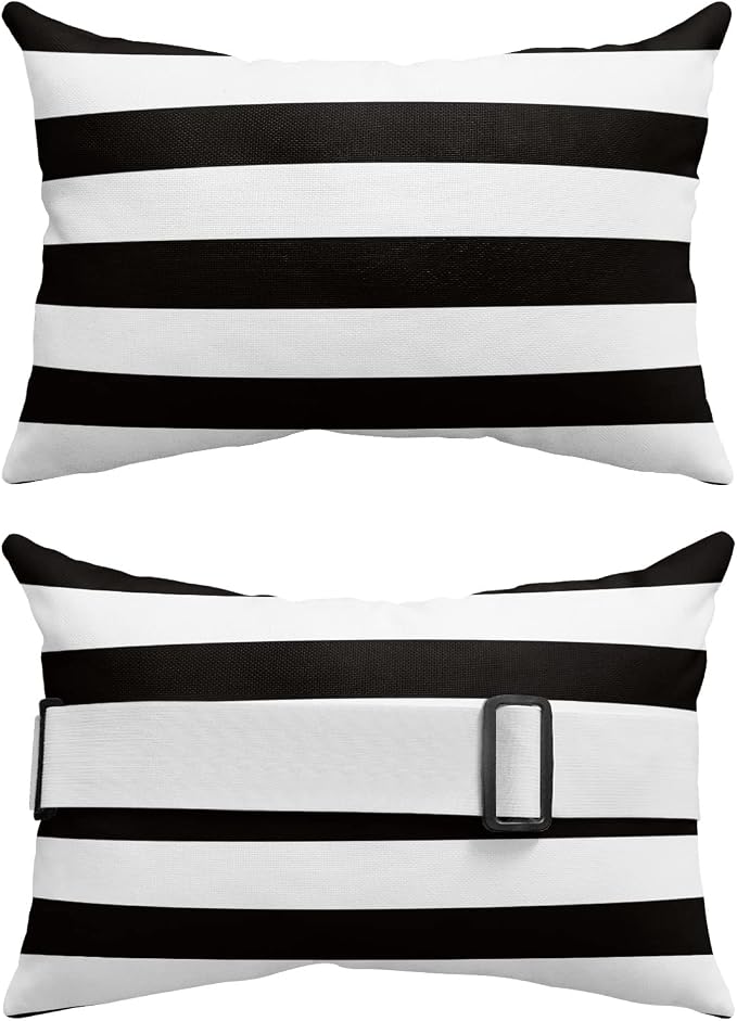 Outdoor Pillow for Chaise Lounge Chair, Simple Stripe Black and White Waterproof Headrest Pillow Lumbar Pillows with Insert & Adjustable Elastic Strap for Beach, Poolside, Patio, Office (2 Pack)