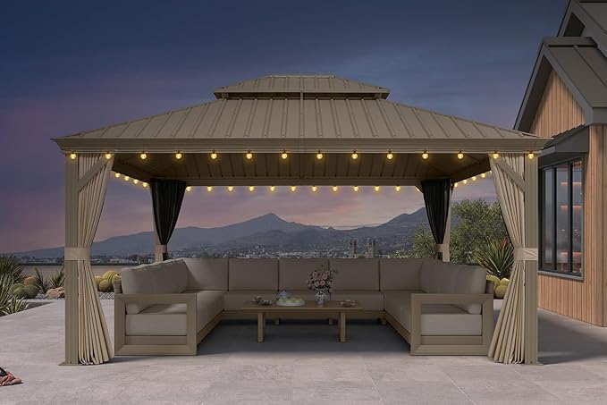 PURPLE LEAF Outdoor Gazebo 13'X15'，Champagne Hardtop Gazebo with Galvanized Steel Double Roof, Permanent Patio Gazebo with Curtains and Netting for Patio Lawn Garden and Deck