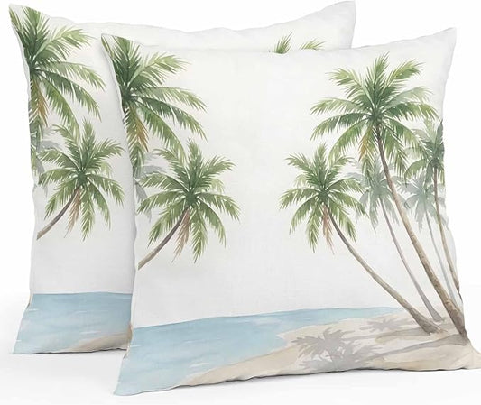Yukro Coastal Beach Palm Tree Outdoor Waterproof Pillow Covers Pack of 2, Watercolor Coconut Tree Summer Throw Pillowcases Decorative Cushion Covers for Garden Patio Tent Sofa Couch, 18x18 inch