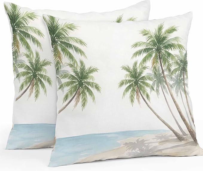 Yukro Coastal Beach Palm Tree Outdoor Waterproof Pillow Covers Pack of 2, Watercolor Coconut Tree Summer Throw Pillowcases Decorative Cushion Covers for Garden Patio Tent Sofa Couch, 26x26 inch